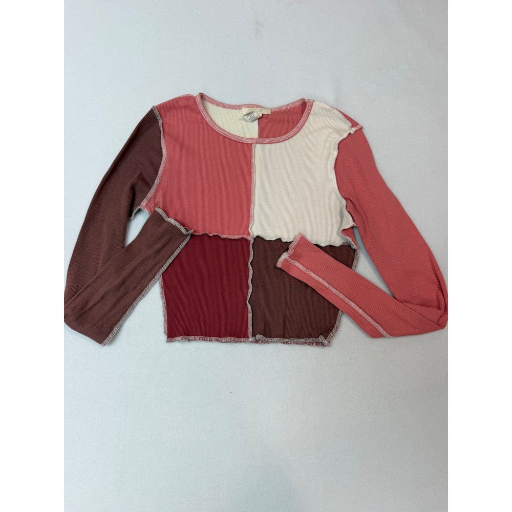 Full Tilt Patchwork Ribbed Knit Long Sleeve Crop Top Pink Brown Small